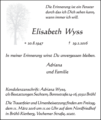 Anzeige von Elisabeth Wyss von  Schlossbote/Werbekurier 
