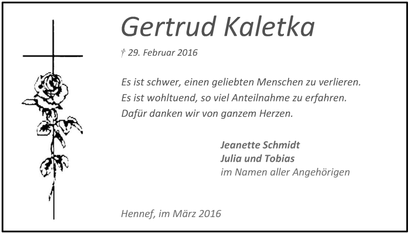  Traueranzeige für Gertrud Kaletka vom 30.03.2016 aus  Extra Blatt 