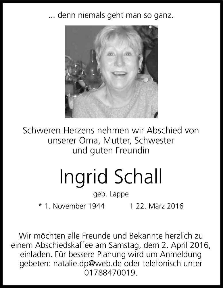  Traueranzeige für Ingrid Schall vom 30.03.2016 aus Kölner Stadt-Anzeiger / Kölnische Rundschau / Express