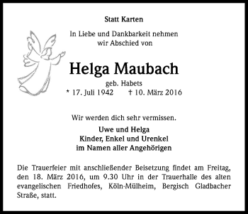 Anzeige von Helga Maubach von Kölner Stadt-Anzeiger / Kölnische Rundschau / Express