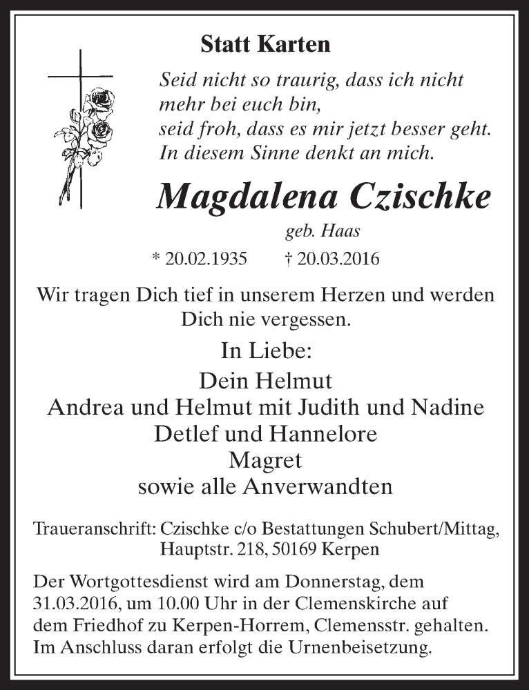  Traueranzeige für Magdalena Czischke vom 30.03.2016 aus  Werbepost 