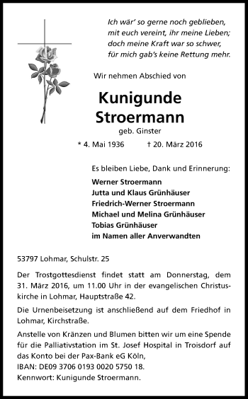 Anzeige von Kunigunde Stroermann von Kölner Stadt-Anzeiger / Kölnische Rundschau / Express