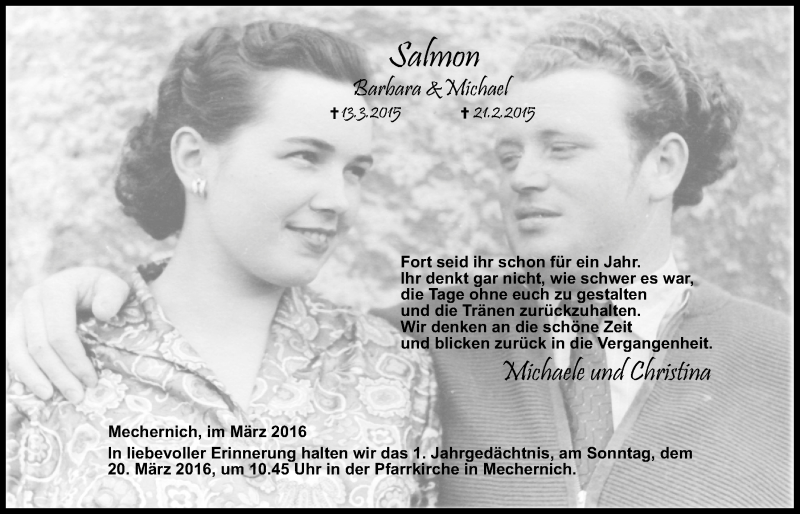  Traueranzeige für Barbara und Michael Salmon vom 13.03.2016 aus  Blickpunkt Euskirchen 