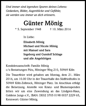 Anzeige von Günter Mönig von Kölner Stadt-Anzeiger / Kölnische Rundschau / Express