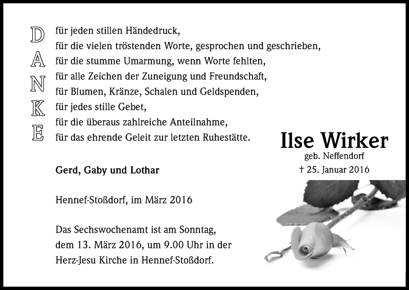  Traueranzeige für Ilse Wirker vom 05.03.2016 aus Kölner Stadt-Anzeiger / Kölnische Rundschau / Express