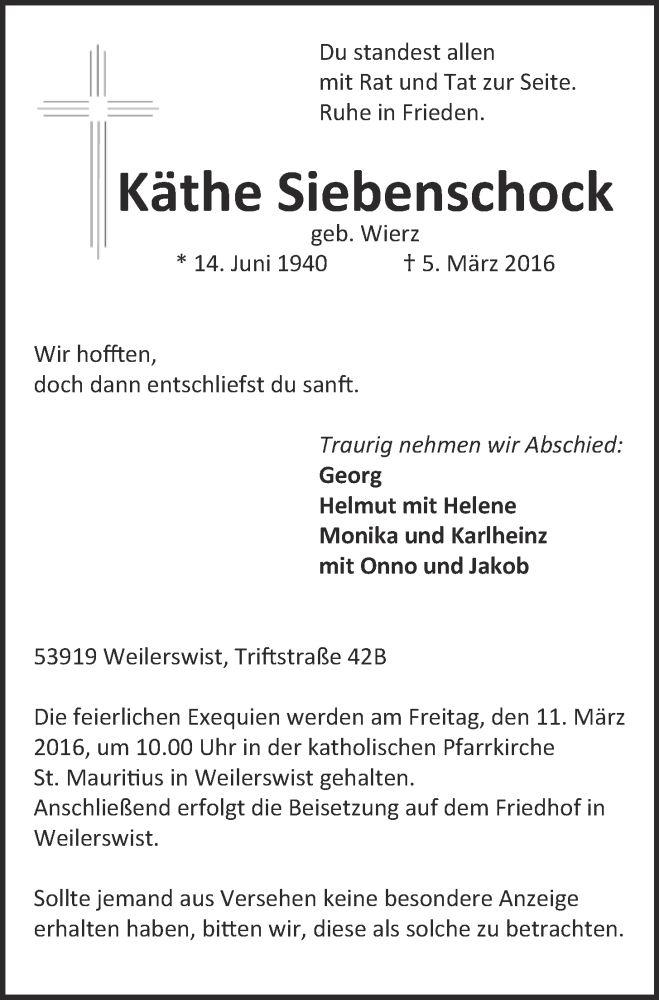  Traueranzeige für Käthe Siebenschock vom 09.03.2016 aus  Schlossbote/Werbekurier 