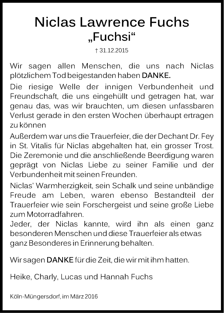  Traueranzeige für Niclas Lawrence Fuchs vom 12.03.2016 aus Kölner Stadt-Anzeiger / Kölnische Rundschau / Express