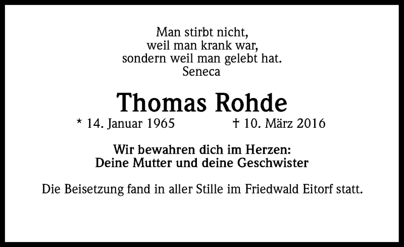  Traueranzeige für Thomas Rohde vom 26.03.2016 aus Kölner Stadt-Anzeiger / Kölnische Rundschau / Express