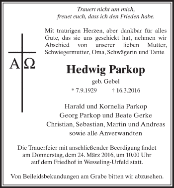 Anzeige von Hedwig Parkop von  Schlossbote/Werbekurier 