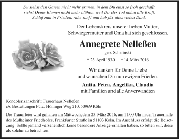 Anzeige von Annegrete Nelleßen von Kölner Stadt-Anzeiger / Kölnische Rundschau / Express