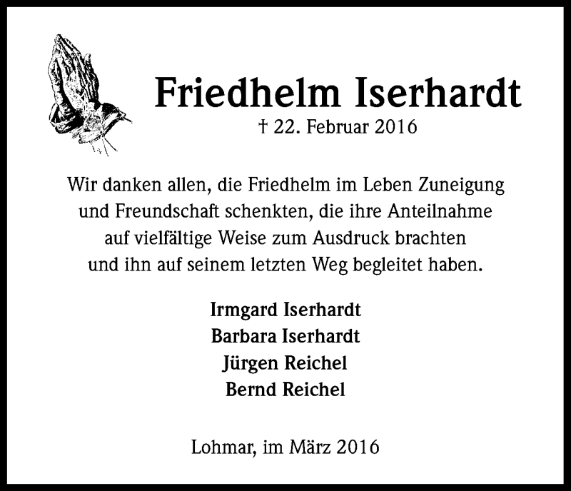  Traueranzeige für Friedhelm Iserhardt vom 29.03.2016 aus Kölner Stadt-Anzeiger / Kölnische Rundschau / Express