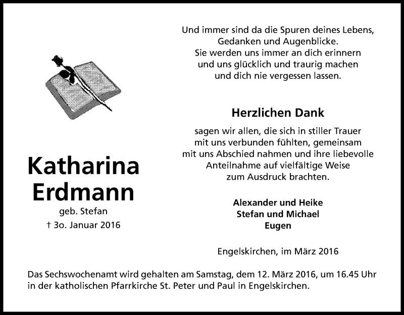  Traueranzeige für Katharina Erdmann vom 05.03.2016 aus Kölner Stadt-Anzeiger / Kölnische Rundschau / Express