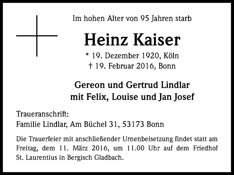  Traueranzeige für Heinz Kaiser vom 05.03.2016 aus Kölner Stadt-Anzeiger / Kölnische Rundschau / Express