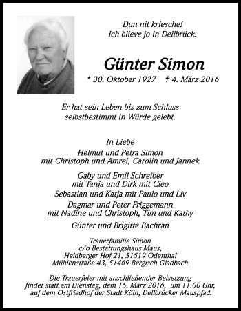 Anzeige von Günter Simon von Kölner Stadt-Anzeiger / Kölnische Rundschau / Express