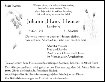 Anzeige von Johann Heuser von Kölner Stadt-Anzeiger / Kölnische Rundschau / Express