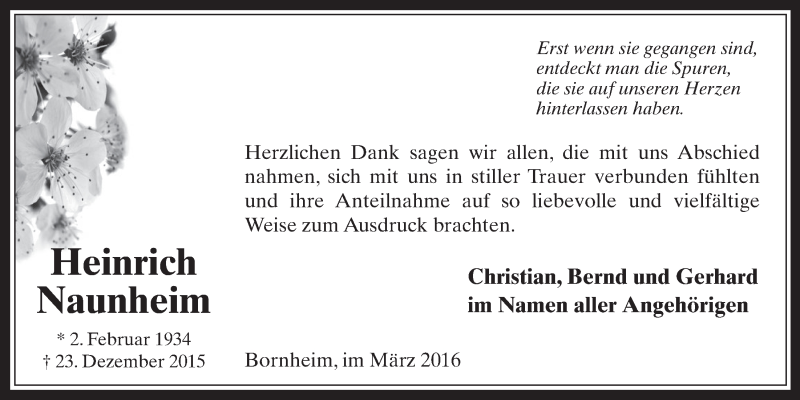  Traueranzeige für Heinrich Naunheim vom 23.03.2016 aus  Schaufenster/Blickpunkt 