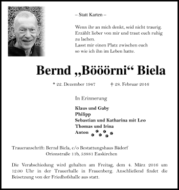 Anzeige von Bernd  Biela von Kölner Stadt-Anzeiger / Kölnische Rundschau / Express