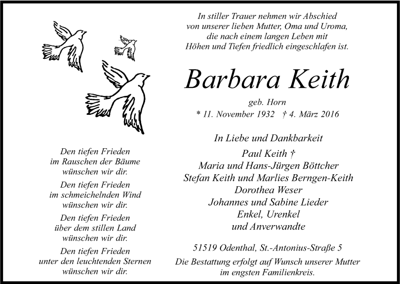  Traueranzeige für Barbara Keith vom 12.03.2016 aus Kölner Stadt-Anzeiger / Kölnische Rundschau / Express