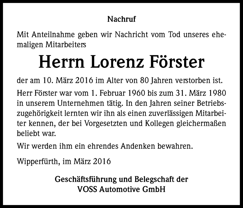  Traueranzeige für Lorenz Förster vom 18.03.2016 aus Kölner Stadt-Anzeiger / Kölnische Rundschau / Express