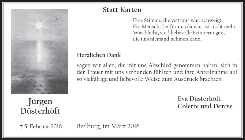  Traueranzeige für Jürgen Düsterhöft vom 09.03.2016 aus  Werbepost 