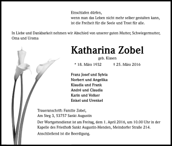 Anzeige von Katharina Zobel von Kölner Stadt-Anzeiger / Kölnische Rundschau / Express
