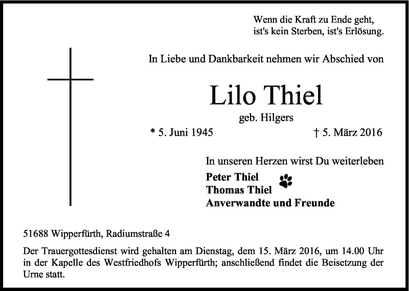  Traueranzeige für Lilo Thiel vom 10.03.2016 aus Kölner Stadt-Anzeiger / Kölnische Rundschau / Express