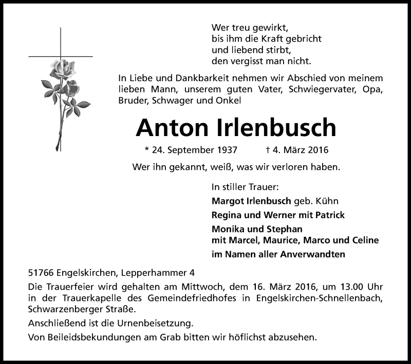 Traueranzeige für Anton Irlenbusch vom 09.03.2016 aus Kölner Stadt-Anzeiger / Kölnische Rundschau / Express