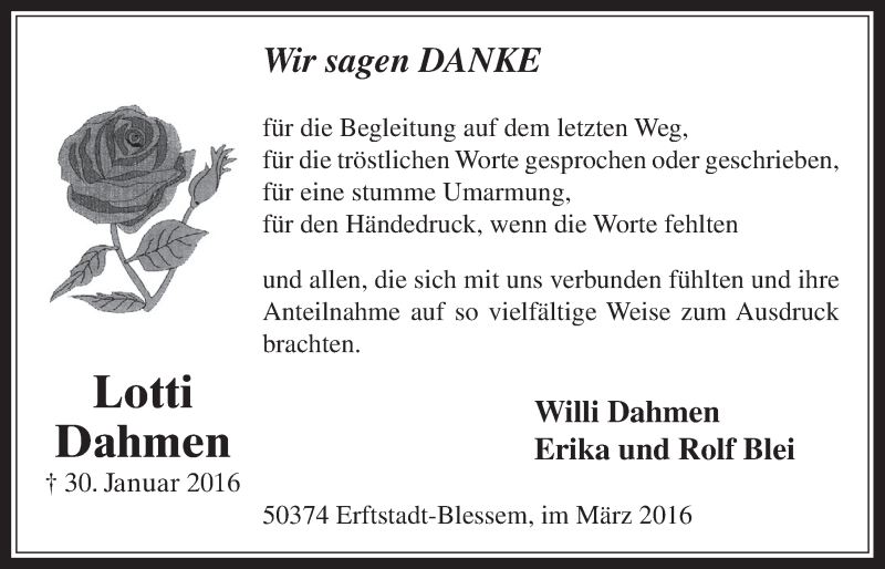  Traueranzeige für Lotti Dahmen vom 23.03.2016 aus  Werbepost 