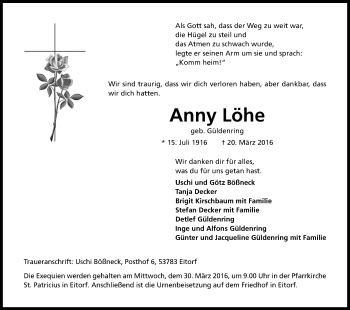 Anzeige von Anny Löhe von Kölner Stadt-Anzeiger / Kölnische Rundschau / Express