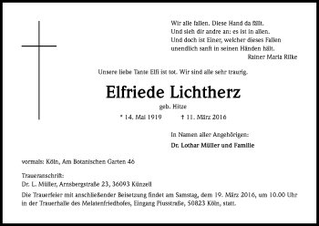 Anzeige von Elfriede Lichtherz von Kölner Stadt-Anzeiger / Kölnische Rundschau / Express