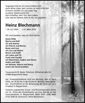 Anzeige von Heinz Blechmann von Kölner Stadt-Anzeiger / Kölnische Rundschau / Express