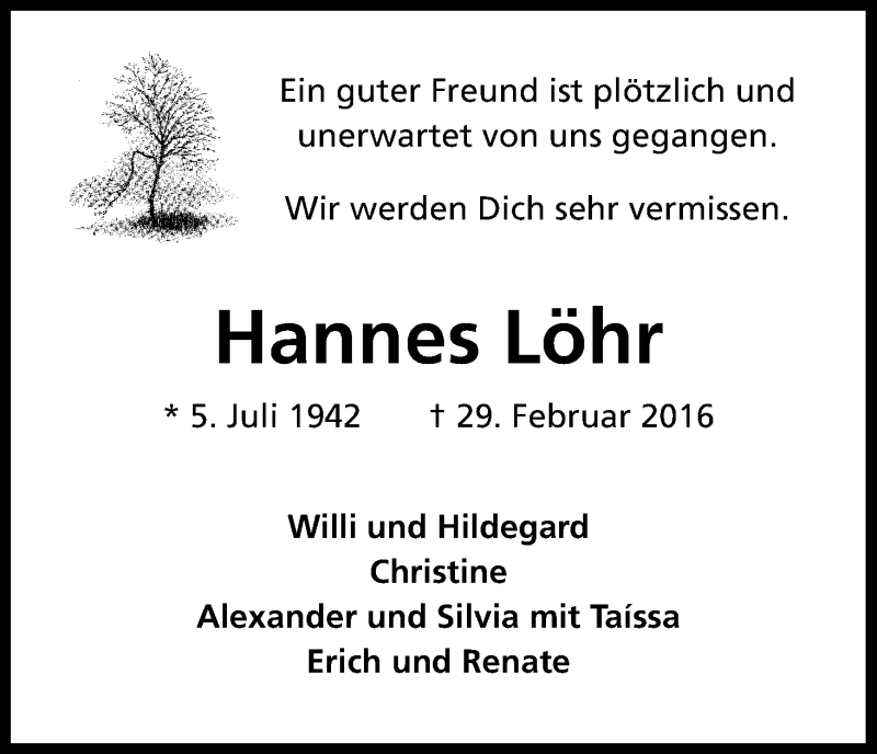  Traueranzeige für Hannes Löhr vom 09.03.2016 aus Kölner Stadt-Anzeiger / Kölnische Rundschau / Express