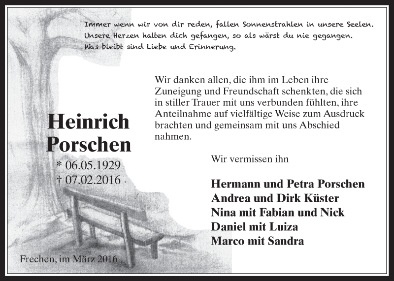  Traueranzeige für Heinrich Porschen vom 23.03.2016 aus  Wochenende 