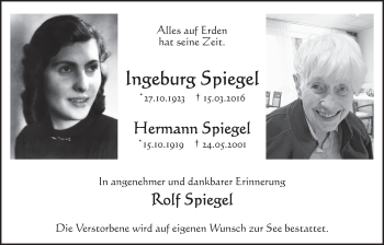 Anzeige von Ingeburg und Hermann Spiegel von  Schlossbote/Werbekurier 