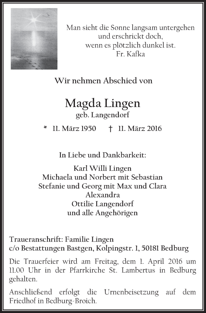  Traueranzeige für Magda Lingen vom 30.03.2016 aus  Werbepost 