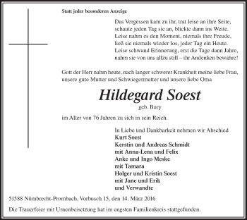 Anzeige von Hildegard Soest von  Lokalanzeiger 
