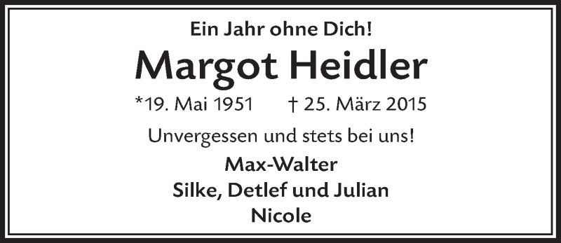  Traueranzeige für Margot Heidler vom 23.03.2016 aus  Bergisches Handelsblatt 