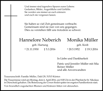 Anzeige von Hannelore Neberich von Kölner Stadt-Anzeiger / Kölnische Rundschau / Express