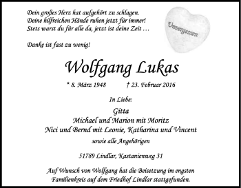 Anzeige von Wolfgang Lukas von Kölner Stadt-Anzeiger / Kölnische Rundschau / Express
