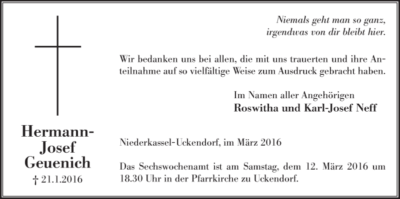  Traueranzeige für Hermann-Josef Geuenich vom 02.03.2016 aus  Extra Blatt 