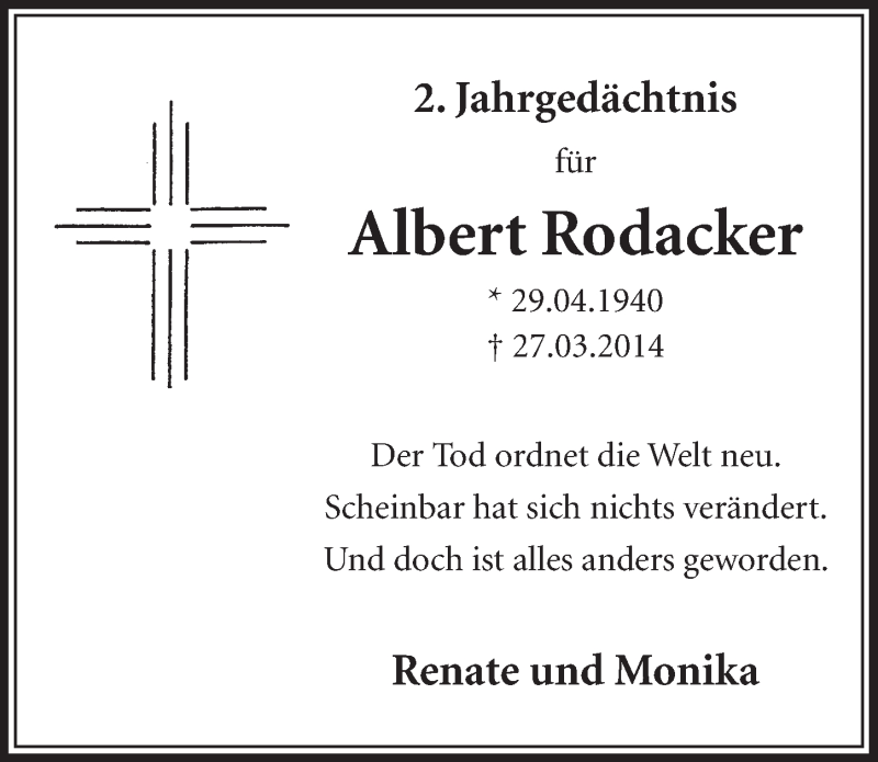  Traueranzeige für Albert Rodacker vom 26.03.2016 aus  Sonntags-Post 