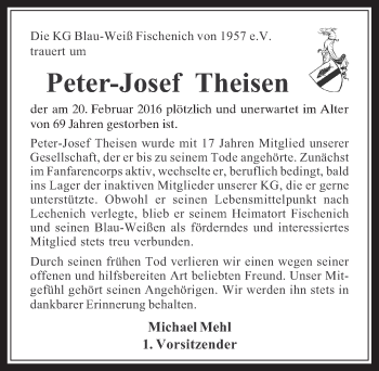 Anzeige von Peter-Josef Theisen von  Wochenende 