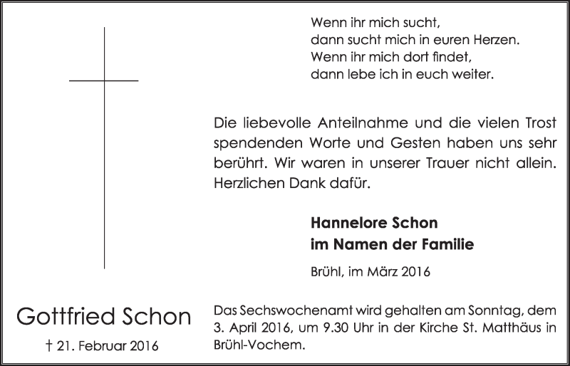  Traueranzeige für Gottfried Schon vom 23.03.2016 aus  Schlossbote/Werbekurier 