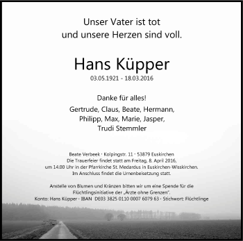 Anzeige von Hans Küpper von Kölner Stadt-Anzeiger / Kölnische Rundschau / Express