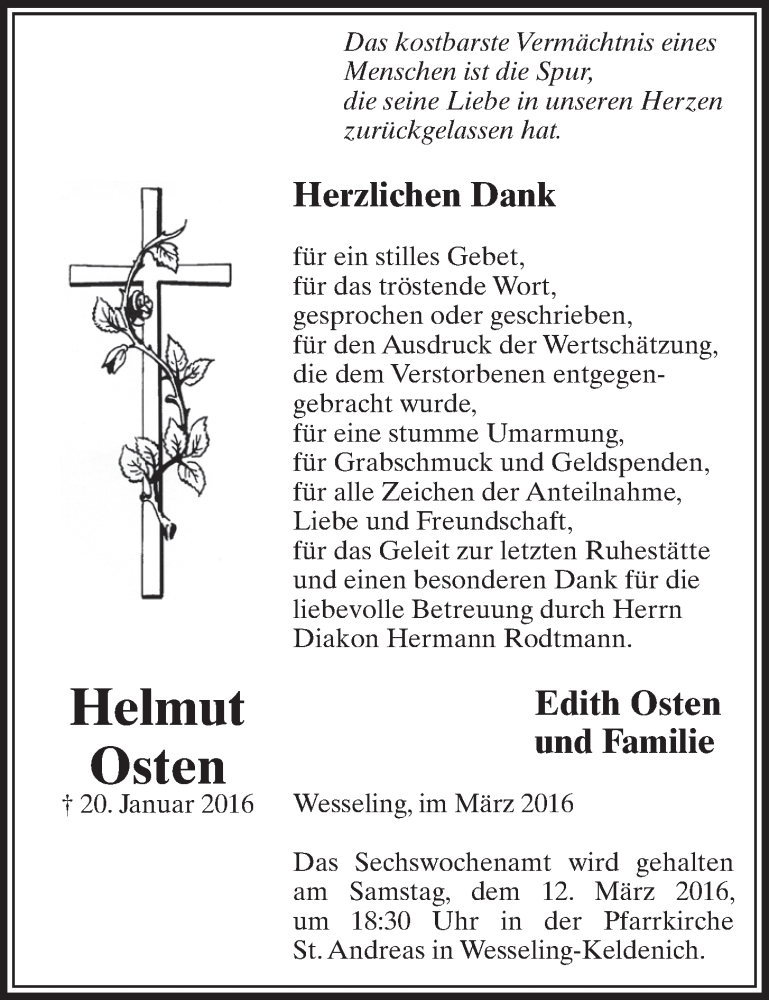  Traueranzeige für Helmut Osten vom 09.03.2016 aus  Schlossbote/Werbekurier 