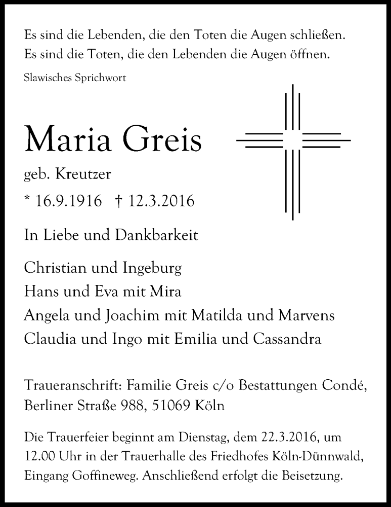  Traueranzeige für Maria Greis vom 19.03.2016 aus Kölner Stadt-Anzeiger / Kölnische Rundschau / Express
