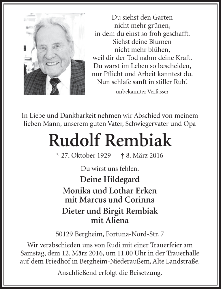  Traueranzeige für Rudolf Rembiak vom 12.03.2016 aus  Sonntags-Post 