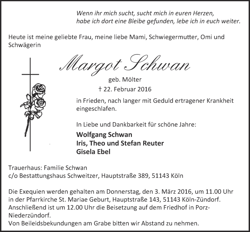  Traueranzeige für Margot Schwan vom 02.03.2016 aus  Kölner Wochenspiegel 