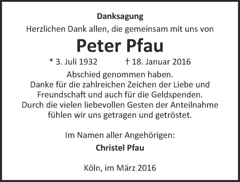  Traueranzeige für Peter Pfau vom 02.03.2016 aus  Kölner Wochenspiegel 