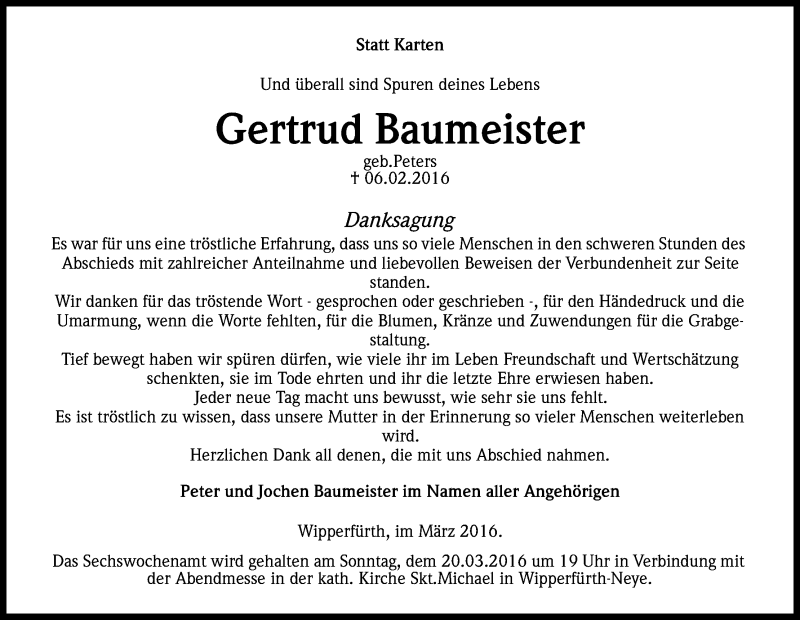 Traueranzeige für Gertrud Baumeister vom 04.03.2016 aus Kölner Stadt-Anzeiger / Kölnische Rundschau / Express
